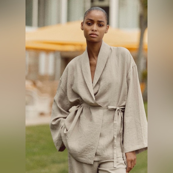 Zara Belted Textured Women's Long Sleeve Kimono Jacket In Beige/Tan Size M/L NWT - Picture 4 of 16